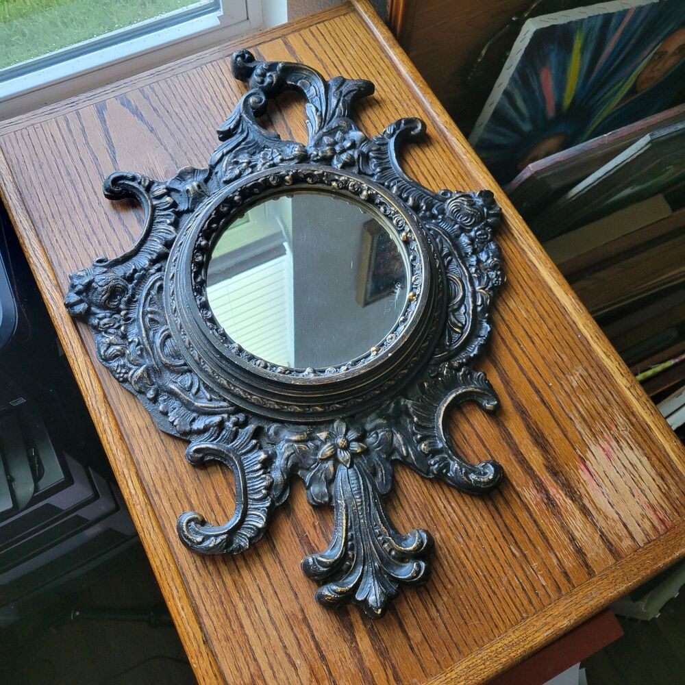 Vtg or Antique Hand Carved Wood Round Mirror Floral Black & Gold Baroque Rococo